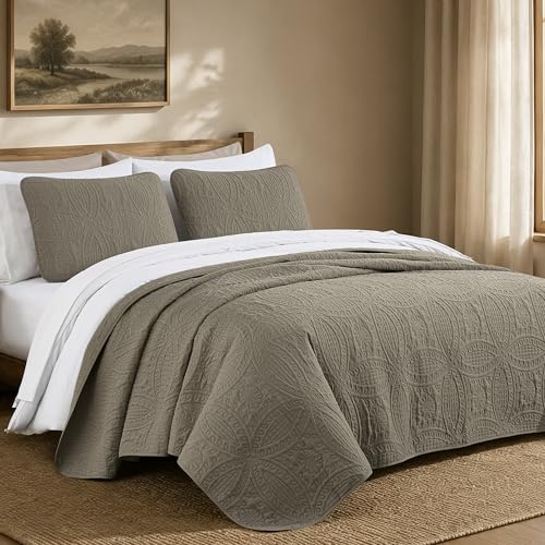 Chezmoi Collection Austin 3-piece Oversized Bedspread Coverlet Set (Queen, Taupe), Microfiber