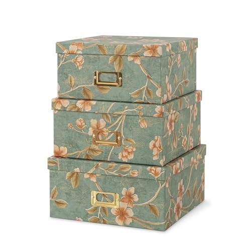Soul & Lane - Decorative Storage Boxes with Lids, Set of 3, Botanical Sage - Square Stacking Cardboard Boxes with Gold Label Holders, Pretty Sage Green Nesting Photo Storage for Crafts and Decor