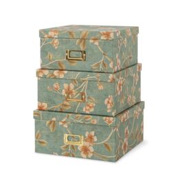 Soul & Lane - Decorative Storage Boxes with Lids, Set of 3, Botanical Sage - Square Stacking Cardboard Boxes with Gold Label Holders, Pretty Sage Green Nesting Photo Storage for Crafts and Decor