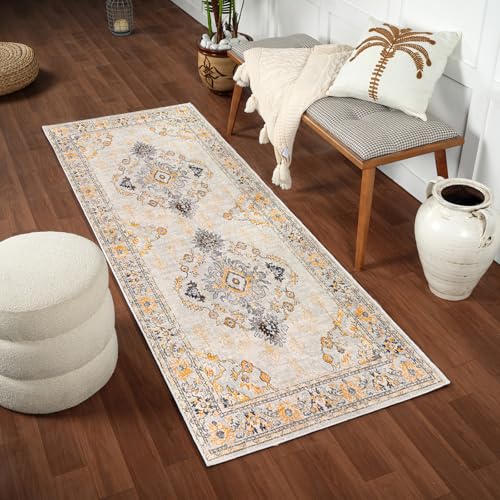 Livabliss Sonam Palma Vintage Runner 80x220 cm – Scandi Neutral Boho Pattern for Hallway & Living Space, Easy Care Pile, Beige, Mustard & Grey