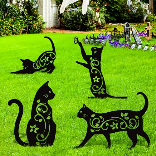 ELCOHO 4 Pack Black Cat Silhouette Cute Metal Cat Garden Statues Bird Repellent Cat Decorative Garden Stakes for Yard, Garden, Lawn Outdoor Decorations