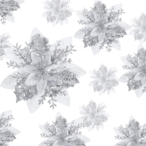 36 Pcs Christmas Glitter Artificial Poinsettia Flowers Xmas Poinsettia Artificial Wedding Flowers Decorations Xmas Tree Ornaments with Clips for Party Favors, 6 Inch, 4 Inch, 3 Inch (Silver)