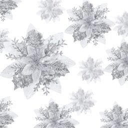 Geosar 36 Pcs Christmas Glitter Artificial Poinsettia Flowers Xmas Poinsettia Artificial Wedding Flowers Decorations Xmas Tree Ornaments with Clips for Party Favors, 6 Inch, 4 Inch, 3 Inch (Silver)