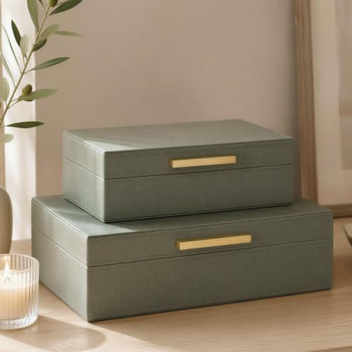 ZICOTO Modern Set of 2 Decorative Storage Boxes with Black Metal Handles ??? Faux Leather Jewelry, Memory & Photo Organizer Box for Home & Office
