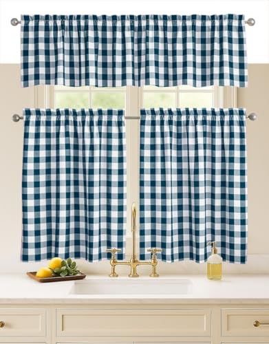 Softopia Cotton Teal Green Gingham Check 3 Piece Window Curtain Set, 2 Tiers 26x36 Inch and 1 Valance 54x18 Inch, Semi Sheer Rod Pocket Short Curtains for Kitchen, Living Room, Bedroom and Bathroom