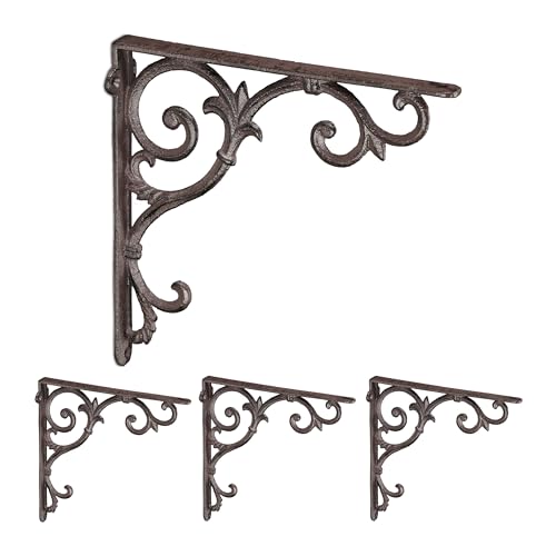 Relaxdays Shelf Brackets, Set of 4, Cast Iron, Antique Style Supports, for Wall-Mounted Shelves, 24.5x4x24.5 cm, Brown