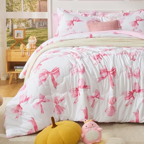 Wajade 7 Piece Pink Bow Comforter Set for Girls Full Size Cute Bedding Set Bed in A Bag (1 Comforter, 1 Flat Sheet, 1 Fitted Sheet, 2 Pillowcase and 2 Pillow Sham)