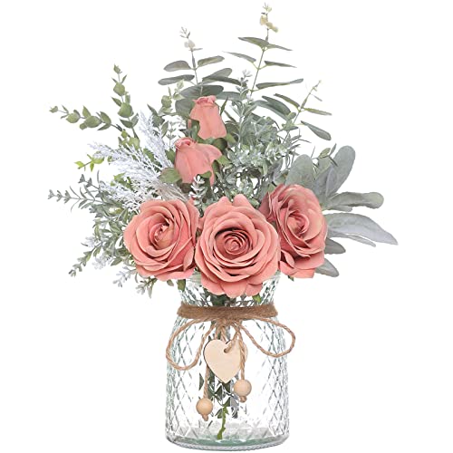 VIERENA Faux Flowers Vase,Artificial Silk Roses in Vase, Fake Plant Eucalyptus Flower Home Office Farmhouse Bathroom Dining Table Centerpiece Decorations Coffee Decor (Dusty Pink) (106-HS-HFEN)