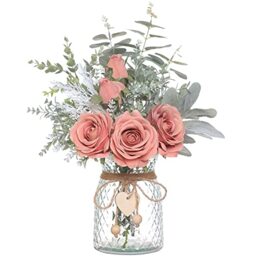 VIERENA Faux Flowers Vase,Artificial Silk Roses in Vase, Fake Plant Eucalyptus Flower Home Office Farmhouse Bathroom Dining Table Centerpiece Decorations Coffee Decor (Dusty Pink) (106-HS-HFEN)