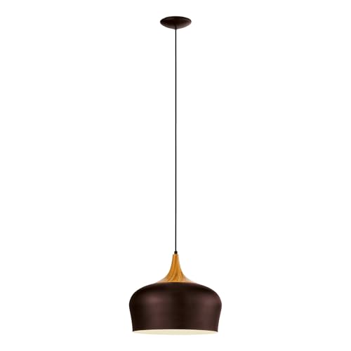 Eglo Pendant Light Obregon, 1-Flame Hanging Lamp, Metal Pendant Lamp in Brown, Cream and Oak Wood, Dining Table Light, Hanging Living Room Lamp with E27 Socket