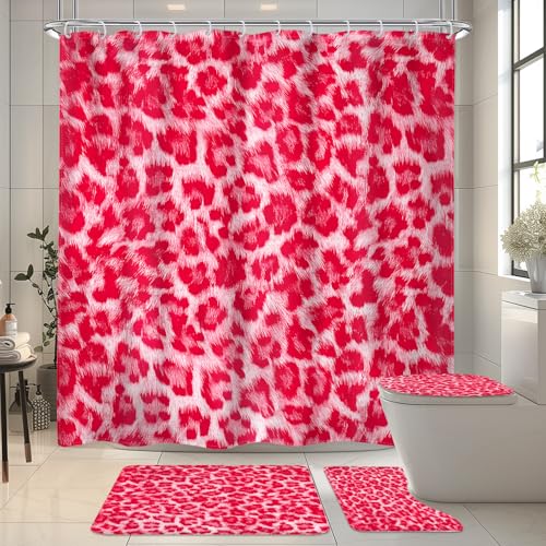 Leopard Print Shower Curtain Set 4Pcs Bathroom Set with Rugs Hot Pink Cute - Cute Cool Wild Animals Safari Panther Modern Toilet Lid Cover,Non-Slip Rugs and U-Shaped Mat with 12 Hooks for Bathroom Decor