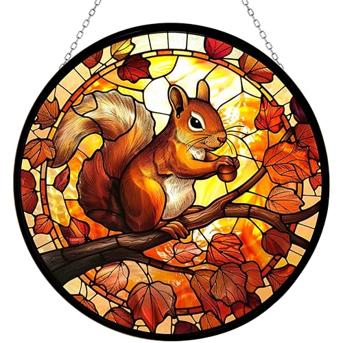 365CUSGIFTS Squirrel Stained Glass Window Hanging Sun Catcher Halloween Haning Ornament Decoration Christmas Birthday Gifts for Lover, Friends