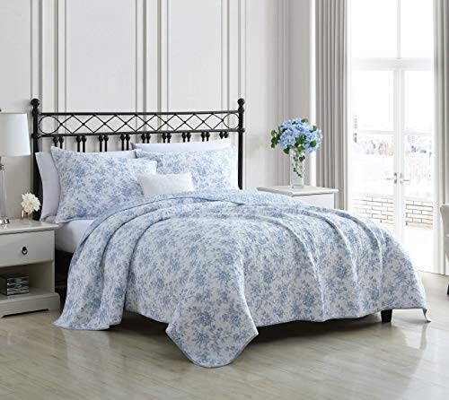 Laura Ashley Reversible Floral Cotton Bedding with Matching Shams, Home Decor for All Seasons, 100%, Blue, Queen