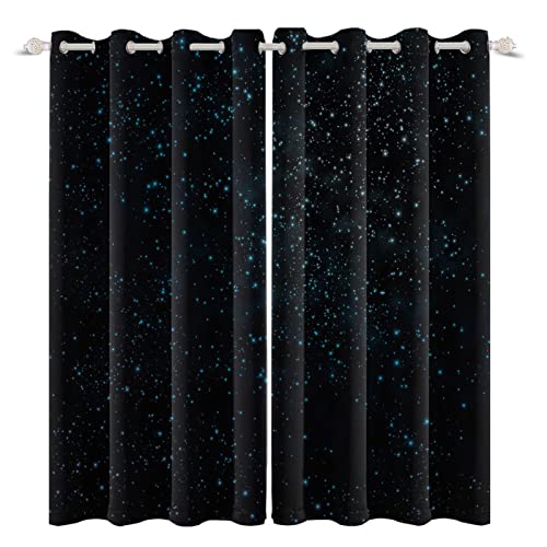 Renaiss Starry Starry Sky Window Curtains Blue Brilliant Stars Window Treatments Black Clear Night Sky Blackout Drapes for Man Woman Bedroom Living Room Decoration Home Decor 42x63 Inches x 2 Panels