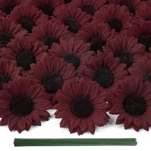 "Coferset 40pcs Fake Sunflower Heads with Stems, 4"" Sunflower Artificial Silk Flower Heads for Crafts, Sunflower Decorations for Graduation Party Baby Shower Wedding Home Decor(Burgundy)"