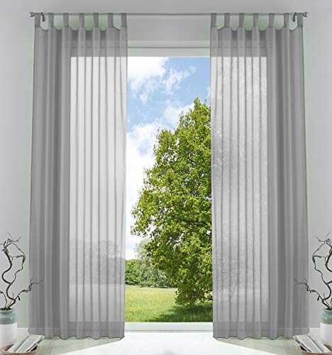 Gardinenbox Pack of 2 Transparent Curtains Set Living Room Voile Tab-Top Curtain with Lead Band Closure, 100% Polyester, Grey, H x W 225 x 140 cm