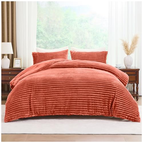 GC GAVENO CAVAILIA Ribbed Fleece Duvet Set With Pillow Cases - Thermal Warm Cozy Winter Bedding Double Duvet Cover Set 200x200 Cm - Hypoallergenic, Washable Polyester Quilt Cover Bed Sets, Rust