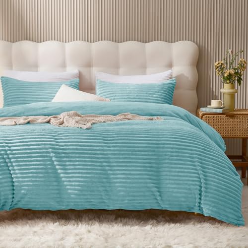 JELLYMONI Plush Duvet Cover Set - King Size Light Blue Striped Fluffy Comforter Cover 3pcs Bedding Set Luxury Ultra Soft Faux Fur Duvet Cover with Zipper and 2 Pillowcases (NO Comforter)