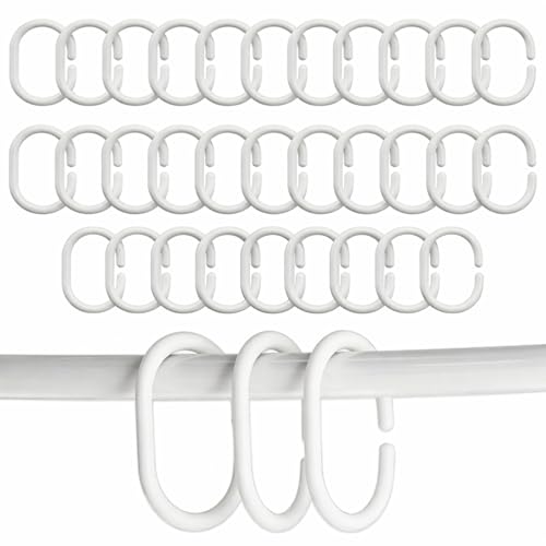 PARENCE. 30 Plastic Shower Curtain Rings - White - Heavy Duty Bathroom Hooks - Pack of 30