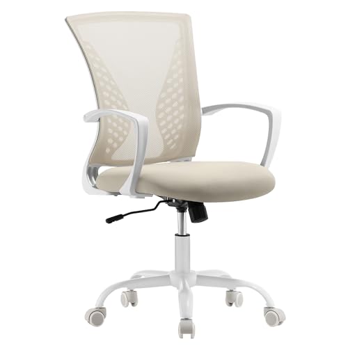 SONGMICS Ergonomic Office Chair, Mesh Swivel Desk Chair, Lumbar Support - Rocking Function, Armrests, for Home Office, Bedroom, Cappuccino and Cloud White, Kime Collection OBN022LH01