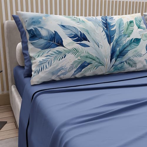 PETTI Artigiani Italiani - Double Bed Sheets Cotton with Pillowcases in Digital Print, Double Bed Sheet, Blue Palm Pattern, 100% Made in Italy