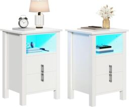 YITAHOME 2 Drawers Bedside Table Set of 2, Led White Bedside Cabinet