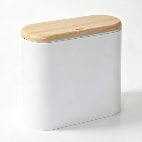 Bathroom Trash Can with Lid, 10 Liter/2.6 Gallon Small Garbage Can Dog Proof, Modern Office Waste Basket with Press Top, Slim Plastic Kitchen Trash Bin for Bedroom, Toilet, Living Room, Cream White