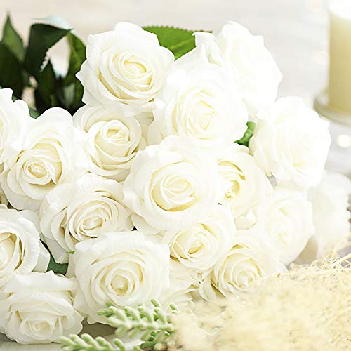 Amzali Artificial Flowers, Real Looking Blush Fake Rose Long Stem Silk Artificial Rose Flowers Home Decor for Bridal Wedding Bouquet, Centerpieces Birthday Flower Party Garden floral Arrangement White