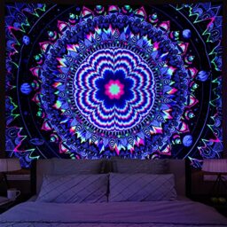 Amonercvita Blacklight Tapestry Trippy Mandala Tapestry UV Reactive Galaxy Stars Tapestry Bohemian Neon Tapestry Wall Hanging Hippie Black Light Poster for Living Room