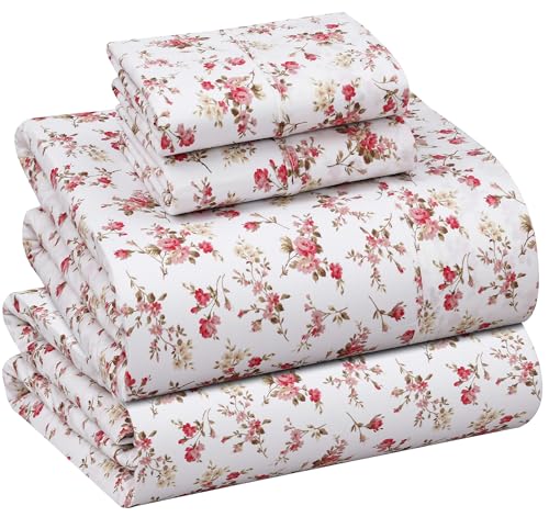 "Ruvanti 100% Cotton King Size Sheets Set, 4 Pieces, Soft & Breathable Percale Weave Bedding, Deep Pocket 16"", Hotel Standard, Crisp Cool Feel, Durable, Perfect Floral Bed Sheet, Bouquet"