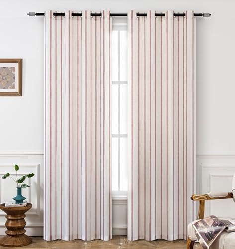 DriftAway Farmhouse Linen Blend Blackout Curtains 108 Inches Long for Bedroom Vertical Striped Printed Linen Curtains Thermal Insulated Lined Treatments for Living Room 2 Panels W52 x L108 Red