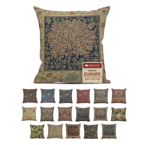 Charlotte Home Furnishings Inc Tapestry Throw Pillow Covers 16x16 Green Pastel Boho Decorative Couch Pillow Covers William Morris Inspired 100% Cotton Cozy Home Decor Jacquard Woven Floral Living Room