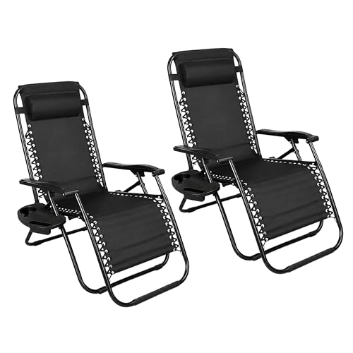 Outdoor Sun Lounger Recliner Garden Chairs - Set of 2 Zero Gravity Camping Chairs Heavy Duty with Cup Holder and Headrest Pillow, Adjustable Back, Folding Light Weight for Deck, Patio, Poolside, Beach