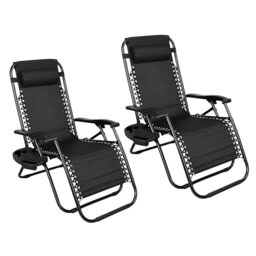 Outdoor Sun Lounger Recliner Garden Chairs - Set of 2 Zero Gravity Camping Chairs Heavy Duty with Cup Holder and Headrest Pillow, Adjustable Back, Folding Light Weight for Deck, Patio, Poolside, Beach