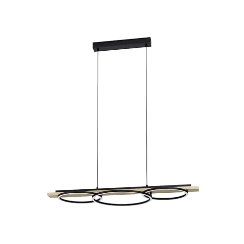 Eglo LED Pendant Lighting Boyal, 3 Light Hanging lamp, Ceiling Light Fixture Made of Black Metal and Natural Wood, Dining Room lamp, FSC Certified