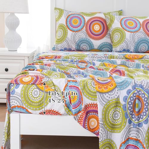 MEISHANG Queen Sheet Set - Ultra Soft Floral Sheets Extra Deep Pocket Fitted 18-24 Inch 100% Microfiber,1800 Thread Count Floral Bed Sheets Oeko-Tex Certificated 4 Pieces - Mandala