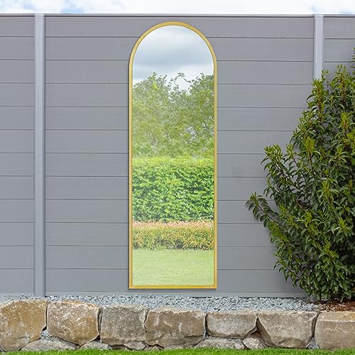 "MirrorOutlet The Arcus - Gold Metal Framed Modern Arched Garden Wall Leaner Mirror 71"" X 24"" (180CM X 60CM) Silver Mirror Glass with Black All weather Backing."