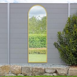 "MirrorOutlet The Arcus - Gold Metal Framed Modern Arched Garden Wall Leaner Mirror 71"" X 24"" (180CM X 60CM) Silver Mirror Glass with Black All weather Backing."