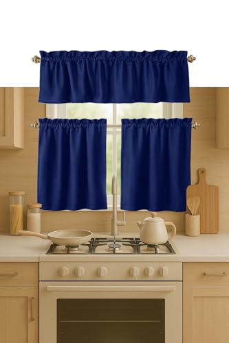 Softopia Cotton 3 Pieces Window Curtain Tiers and Valance Set- 100% Cotton Half Short Window Curtains 2 Tiers & 1 Valance Farmhouse Vintage Curtains for Kitchen Bathroom Living Room - Indigo Blue