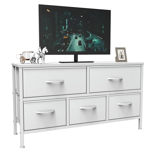Feonase Bedroom Chest of Drawers, 5 Fabric Drawers Dresser with Metal Frame and MDF Top Board, Modern Storage Unit for Bedroom Living room, Entryway, Closet, Office, White