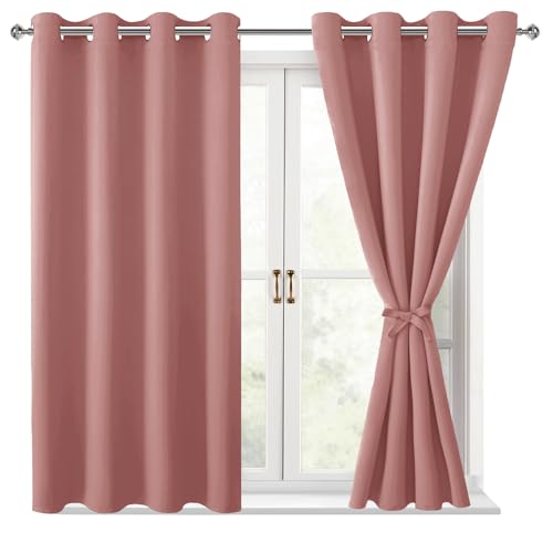 Hiasan Blackout Curtains for Bedroom, 52 x 54 Inches Long - Thermal Insulated & Energy Saving Window Curtains for Living Room, 2 Drape Panels Sewn with Tiebacks, Dusty Rose