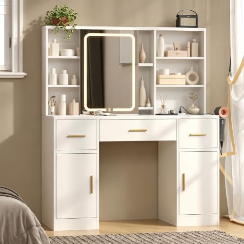 Dressing Table with Sliding Mirror and LED Lights, Modern Makeup Vanity Desk with Charging Station, Hairdryer Holder, 7 Shelves, 3 Drawers & 2 Cabinets, Vanity Table with Hidden Storage for Bedroom