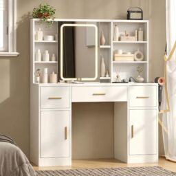 Dressing Table with Sliding Mirror and LED Lights, Modern Makeup Vanity Desk with Charging Station, Hairdryer Holder, 7 Shelves, 3 Drawers & 2 Cabinets, Vanity Table with Hidden Storage for Bedroom