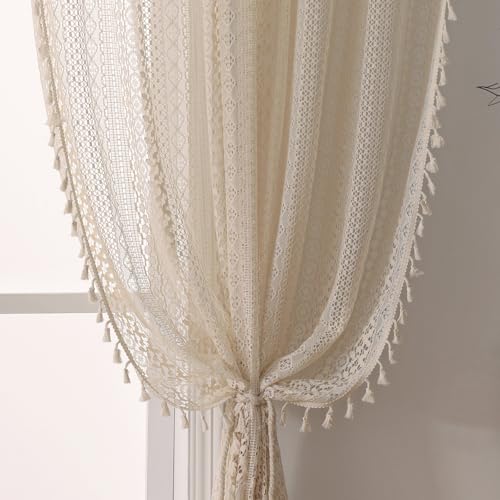 WAZZIO Beige Kitchen Window Sink Cotton Blend Crochet Sheer Curtains, 36 Inch Rod Pocket Farmhouse Vintage Lace Cafe Curtains Valance, 2 Panels