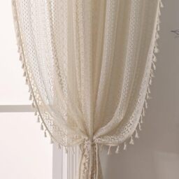 WAZZIO Beige Kitchen Window Sink Cotton Blend Crochet Sheer Curtains, 36 Inch Rod Pocket Farmhouse Vintage Lace Cafe Curtains Valance, 2 Panels