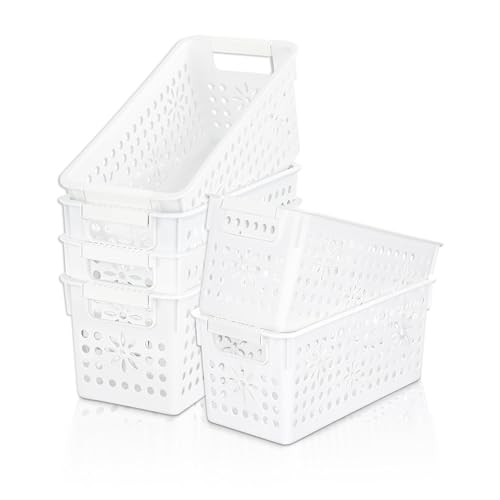 Cetomo Plastic Storage Box, Storage Baskets with Handle, Shelf Basket Organizer with Hole, Open Top Storage Bin for Home Kitchen Office, White, 6 Pack (29 x 13.5 x 12.5 cm)