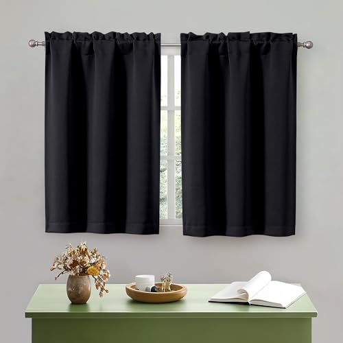 "OWENIE Black Kitchen Curtains 36 Inch Length, Short Blackout Small Thermal Insulated Cafe Curtains Tier Over Sink Rod Pocket Half Window for Bathroom Bedroom Camper RV Bunk, 2 Panels, Each 30"" Wx36 L"