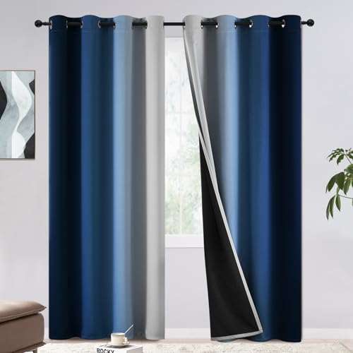 COSVIYA 100% Blackout Curtains & Drapes Ombre Blue Curtains 90 inches Long 2 Panels Set, Full Room Darkening Grommet Gradient Insulated Thermal Window Curtains for Bedroom/Living Room,52x90 inches