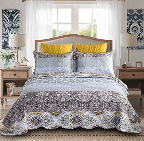 YAYIDAY Quilts Queen Size Patchwork Bedspread Set - 100% Cotton Reversible Breathable Grey Quilted Quilt with Pillow Shams Fit All Seasons