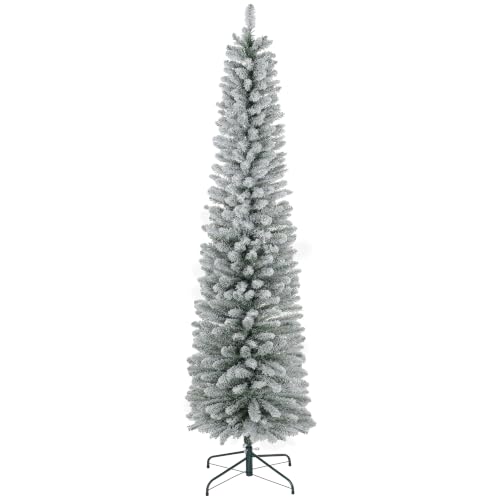 HOMCOM 7ft Artificial Pencil Christmas Tree Metal Base, Snow Flocked, White - 405 Branches, Realistic Xmas Tree